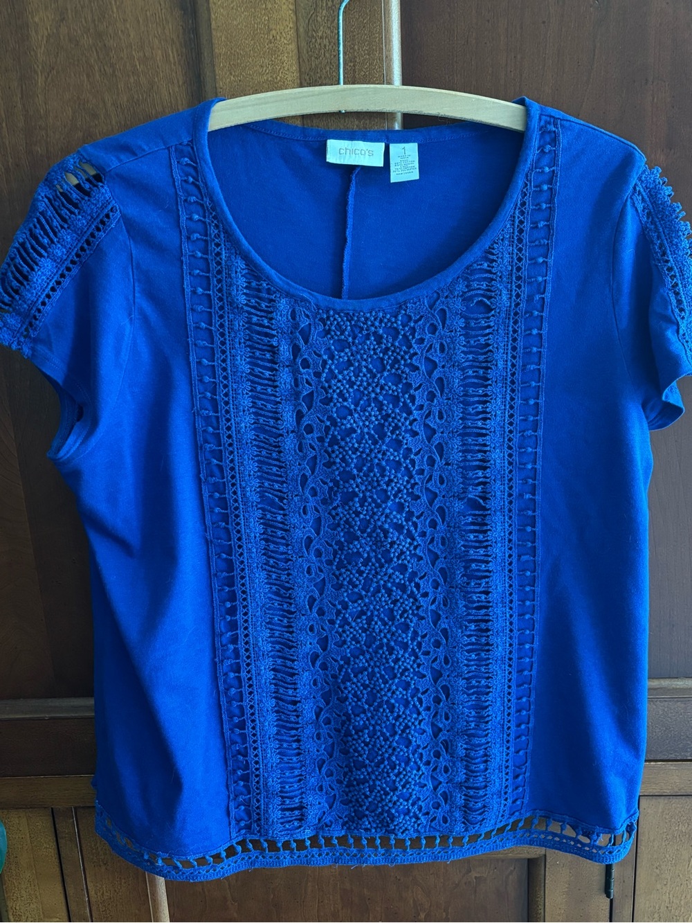 Chico's Cobalt Blue Crochet-Front Short Sleeve Top